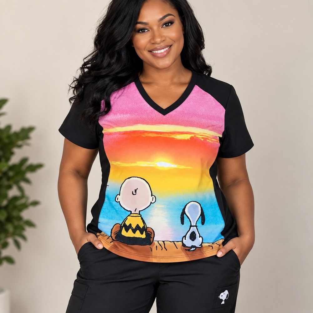 Tooniforms Sunset Charlie Brown Scrub Top Women's Medium V-Neck Classic Fit